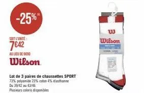3 paires de chaussettes wilson sport à seulement 7€42 - 73% polyamide, 23% coton et 4% elasthanne - du 39/42 au 43/46 - plusieurs coloris disponibles.