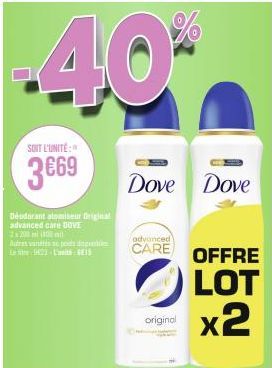 2 Pour 1 : Déodorant Original Advanced Care Dove 2x20m (100ml) et Autres Varitsu Pendla Digestiles 923 Mit Geis