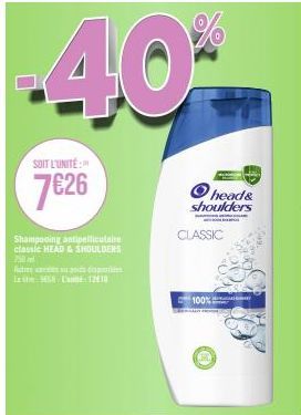 Le Promo Prodige: Shampooing Antipelliculaire Classic Head & Shoulders, 250 ml, Autodes Litre 58-1210, 100%
