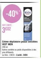 VEET Men : Crème Dépilatoire Peaux Sensibles à -40%! 200ml, 15€10/L, 504€/Unité.