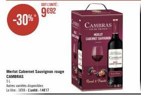 CAMBRAS MERLOT CABERNET SAUVIGNON - -30% : 9€92 pour 5L ! Unité à 14€17. Rond & Fruit. Vin de France.