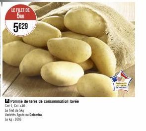 Pommes de Terre Agata ou Colomba 5kg à 5,29€ - Calibre +40 - Filet de 1606 - Pomme de Terre Lavée Cat.1 - France.