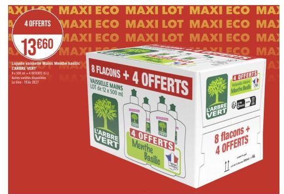 MAXI ECO MAXI LOT MAXI 4 OFFERTS : L'ARBRE VERT Liquide Vaisselle Mains Menthe Basilic 8x500mL +4 Offerts