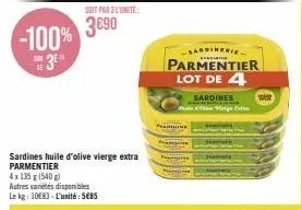 sardines parmentier huile d'olive vierge extra - lot de 4 - beta -100% 3e - 1083g/585u - 3 fois moins cher!