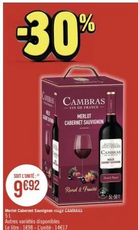 offre spéciale -30%: merlot cabernet sauvignon cambras sl - rond & fruité - 9€92/unité
