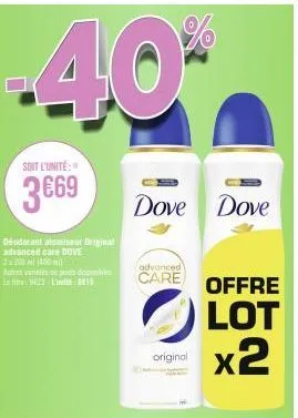 lot double de dove original advanced care deodorant atomiseur - 2x20ml (100ml au total), offre spéciale !