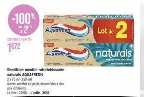Aquafresh Menthe Rafraîchissante : Promo 2x75ml à 1€72, Le Litre 22€87, L'Unité 3643 !