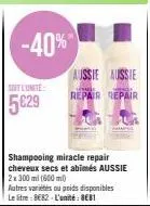 shampooing aussie miracle repair, 2x 300ml à 5,29€ -40% : réparez vos cheveux secs et abimés!