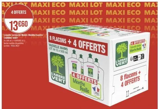 maxi lot : 8x500ml + 4 offerts arbre vert liquide vaisselle mains menthe-basilic