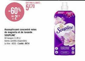 Promo -60% : Assouplissant concentré Soupline aux notes de magnolia et de lavande, 1,28 L pour 5€70 seulement ! D'autres variétés disponibles.