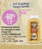 60% de Réduction : Le Petit Marseillais Shampooing Infusion de Calendula et Huile d'Argan Bio, 97% d'Ingrédients Naturels, 250ml, 1364€/L.