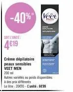 promo -40% : découvrez le veet crème dépilatoire peaux sensibles à 6€99 l'unité !