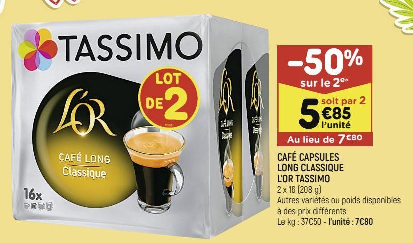 CAFÉ CAPSULES LONG CLASSIQUE L'OR TASSIMO