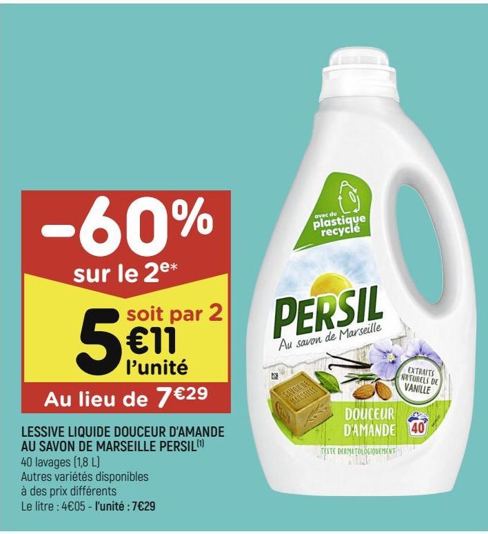 LESSIVE LIQUIDE DOUCEUR D'AMANDE AU SAVON DE MARSEILLE PERSIL 