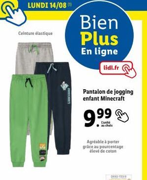 LUNDI 14/08 : Pantalon de Jogging Minecraft 9.99€ chez Lidl, en Coton DEKO-TEX pour plus d'Agrément!