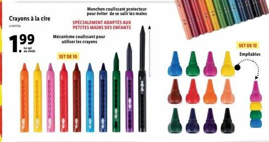 nouveau set de crayons à la cire spécialement adaptés aux petites mains des enfants avec manchon coulissant protecteur - promo 47776 : 1.99 €