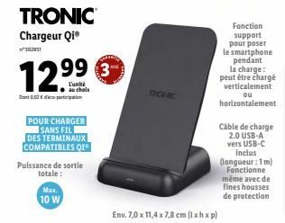 TRONIC Chargeur QiⓇ n°392851 - 12,99€ seulement - 10W de sortie, 7x11,4x7,8cm - Chargez sans fil!