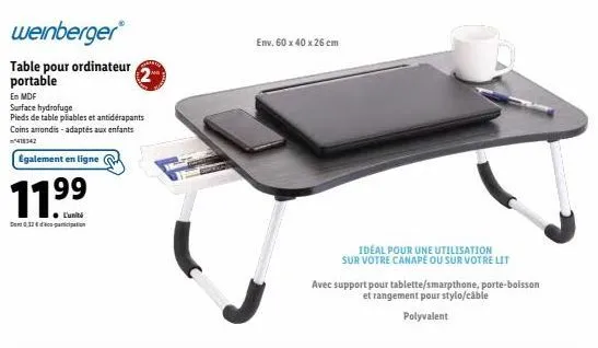 table portable weinberger - 11% de réduction - mdf hydrofuge & pieds pliables antidérapants!