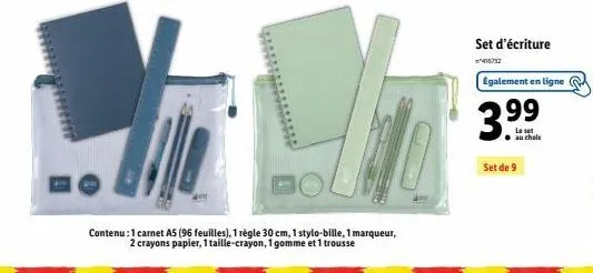 set d'écriture: carnet as, stylo-bille, marqueur,2 crayons papiers & + au prix de 3.99€!
