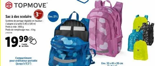 sac à dos scolaire 477774 | réglable & léger | 19.99€ | compartiment pour ordinateur