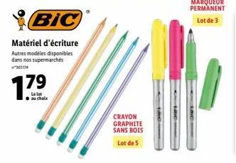 lot de 8 articles d'ecriture bic : crayon graphite, marqueur permanent et autres ! 5 crayons graphite sans bois et 3 marqueurs permanents ! promo supermarché 3651 !