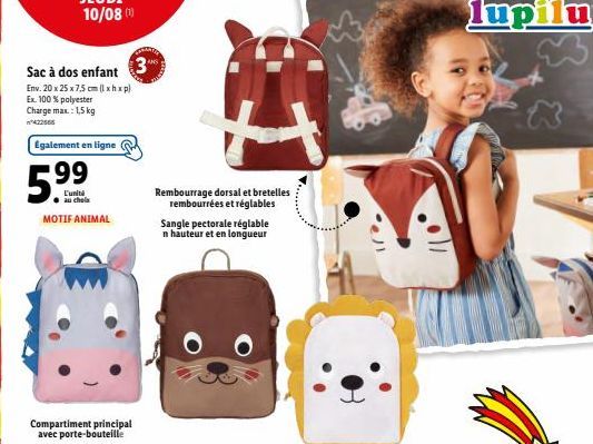 Sac à Dos Enfant Exclusif - 100% Polyester - Motif Animal - 1,5kg Charge Max. - R. 99 - L'Unibi 59