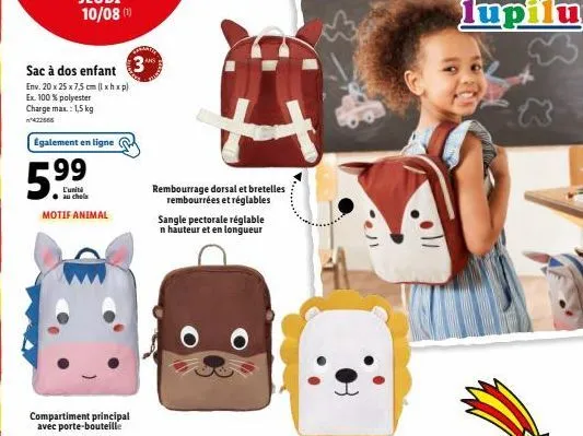 sac à dos enfant exclusif - 100% polyester - motif animal - 1,5kg charge max. - r. 99 - l'unibi 59