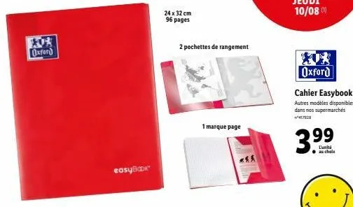 oxford easybook: promo 417928 à 3,99€, 24x32 cm, 96 pages, 2 pochettes et 1 marque-page.