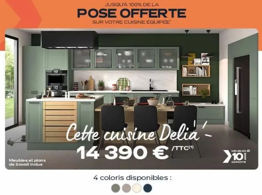 cuisine delia'-14: meubles garantis & pose offerte jusqu'à 100% - 4 coloris disponibles - 390 € /ttc(1).