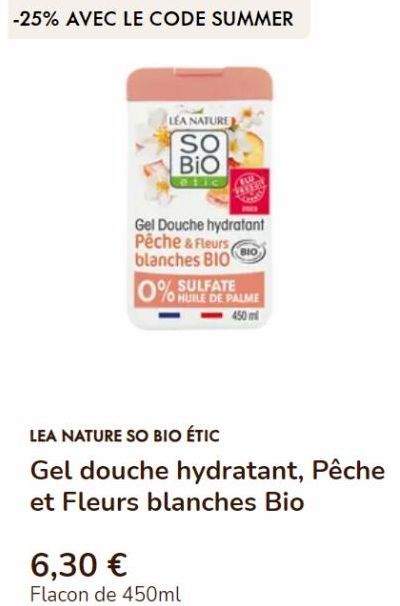 Gel Douche Hydratant Pêche & Fleurs Blanches BIO LEA NATURE SO BIO -25% avec le code SUMMER ! 6,30 €