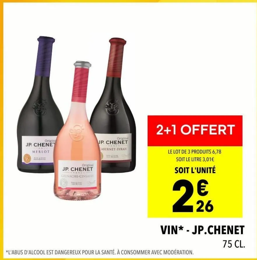 lot de 3 bouteilles jp. chenet : merlot fo, frant grenache-cinsault, cabernet-syrah - 2+1 offert - prix : 26 € soit le litre à 3,01 €
