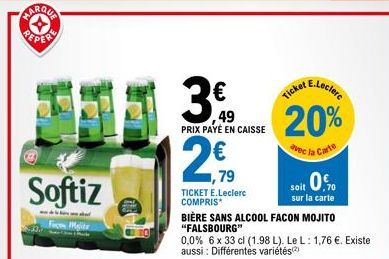FARQUA PEPER Softiz Mate à 3,49€ - 20% de Réduction avec E.Leclerc Ticket & Carte - BIÈRE SANS ALCOOL FACON MOJITO FALSBOURG à 1,79€ !