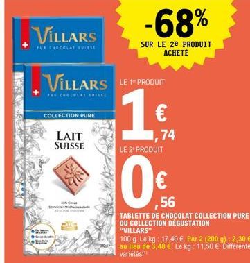 Choc Sélection Pure - Villars Tablettes de Chocolat Suisse 100g à 17,74€/kg Promo 2 pour 1!