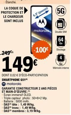 Smartphone Motorola G51 - 6,5 pouces - Double SIM et 64 Go Stockage - 149€ Avec Coque et Chargeur Inclus !