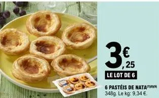 € ,25  le lot de 6  6 pastéis de nata  348g. le kg: 9,34 €. 