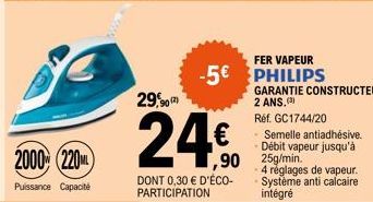 Fer Vapeur Philips GC1744/20 - 220 Puissance, Capacité 29,90€ (-5€) - Garantie Constructeur 2 Ans - Semelle Antiadhésive et Débit Vapeur jusqu'à 25g