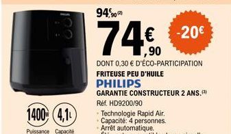 Friteuse Philips Rapid Air : 4,1L, Moins d'Huile et Garantie 2 ans ! 74€ + 0,30€ Eco-participation