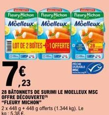 Promo : Lot de 2 Boîtes +1 Offerte - Fleury Michon Moelleux (1.344 kg) - 28 Bâtonnets de Surim - MSC Durable.