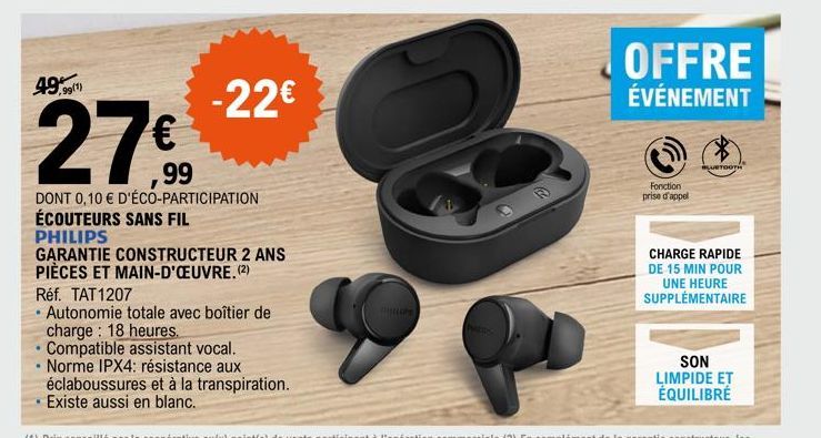 Écouteurs Sans Fil Philips à 49,99€ -22€ & Garantie Constructeur 2 Ans - Profitez d'une Autonomie Totale!