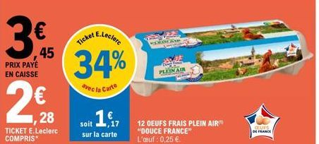 DOUCE FRANCE: Œufs Frais 12 pièces avec 34% de Réduction et 1,17€ sur la Carte E.Leclerc!