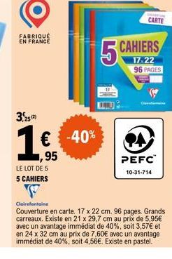 Lot de 5 Cahiers Clairefontaine avec Couverture en Carte et PEFC, Fabriqué en France, 17 x 22 cm, 96 Pages, Grands Carreaux | 2€ de Réduction.