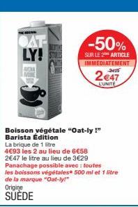 Jusqu'à -50%: Boisson végétale Oat-ly! - 1L, 2€47 au lieu de 3€29!