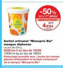 Promo Irrésistible ! -50% sur le Sorbet Artisanal Monoprix Bio Mangue Alphonso, 334g, 4€64 l'unité !