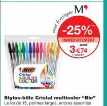 Lot de 15 Stylos-bille Cristal Bic Multicolor, Pointe Large, -25% : 3€74/Unité !