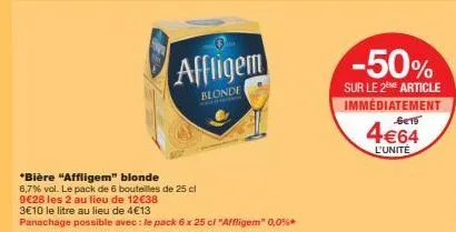 affligem blonde 6,7% - pack de 6 bouteilles 25cl à seulement 9€28 - réduction jusqu'à 3€10 le litre.
