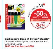 Offre Spéciale: Lot 2 Surligneurs Boss et Swing Stabilo à 3€74 avec -50% Immédiatement!