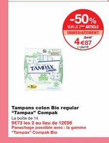 Tampax Compak : -50% Sur les 2 ! 4€87 l'Unité, 9€73 les 2 - Bio Regulars, Panachage Possible !
