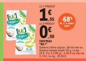 na! crispi -68%: le 1er produit à 155,55€, le 2ème à 50€ et solen miodrit saveurs aux agrumes 50g à 31€/kg!