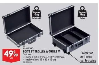 promo workzone: boîte et trolley à outils 4999t charge 4ks/8kg - protection anti -42x27x10,2 cm & 45x33x18 cm
