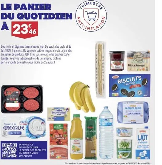 une offre exclusive aldi : panier du quotidien à 2346, fruits & légumes 100% frais, œufs & lait français, pain cuit en magasin!